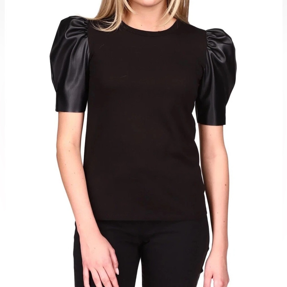 Michael Kors black shirt with faux leather puff sleeves